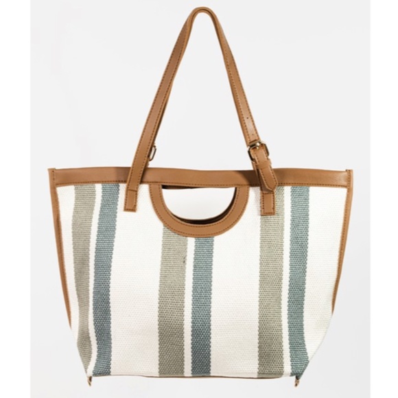 Handbags - SOLD OUT Green Striped Faux Leather Trim Tote Bag